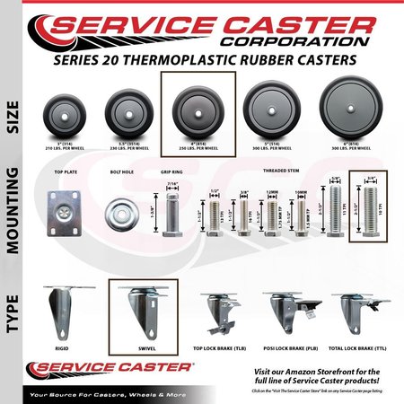 Service Caster 4 Inch Thermoplastic  Rubber Wheel Swivel 34 Inch Threaded Stem Caster Set 2 Brakes SCC SCC-TS20S414-TPRB-34212-2-PLB-2